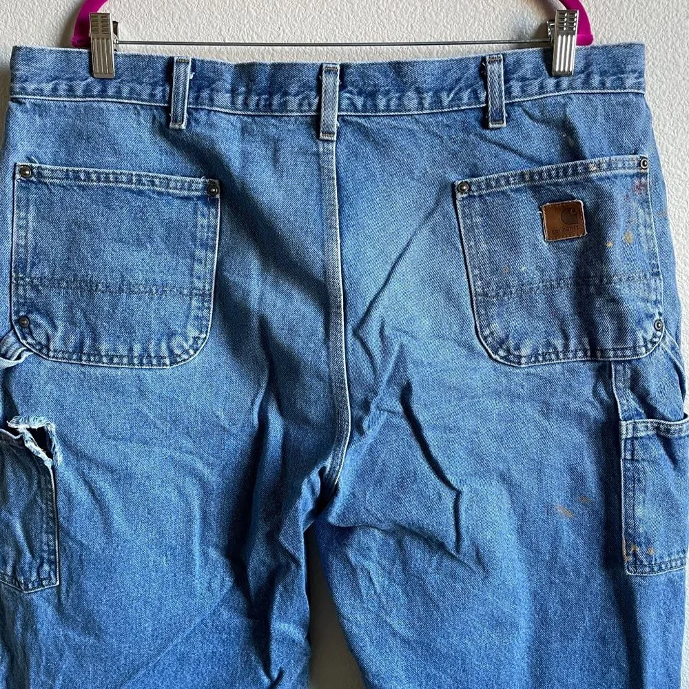Carhartt Jeans Double Front Knee Washed Logger Denim Distressed Paint Grunge